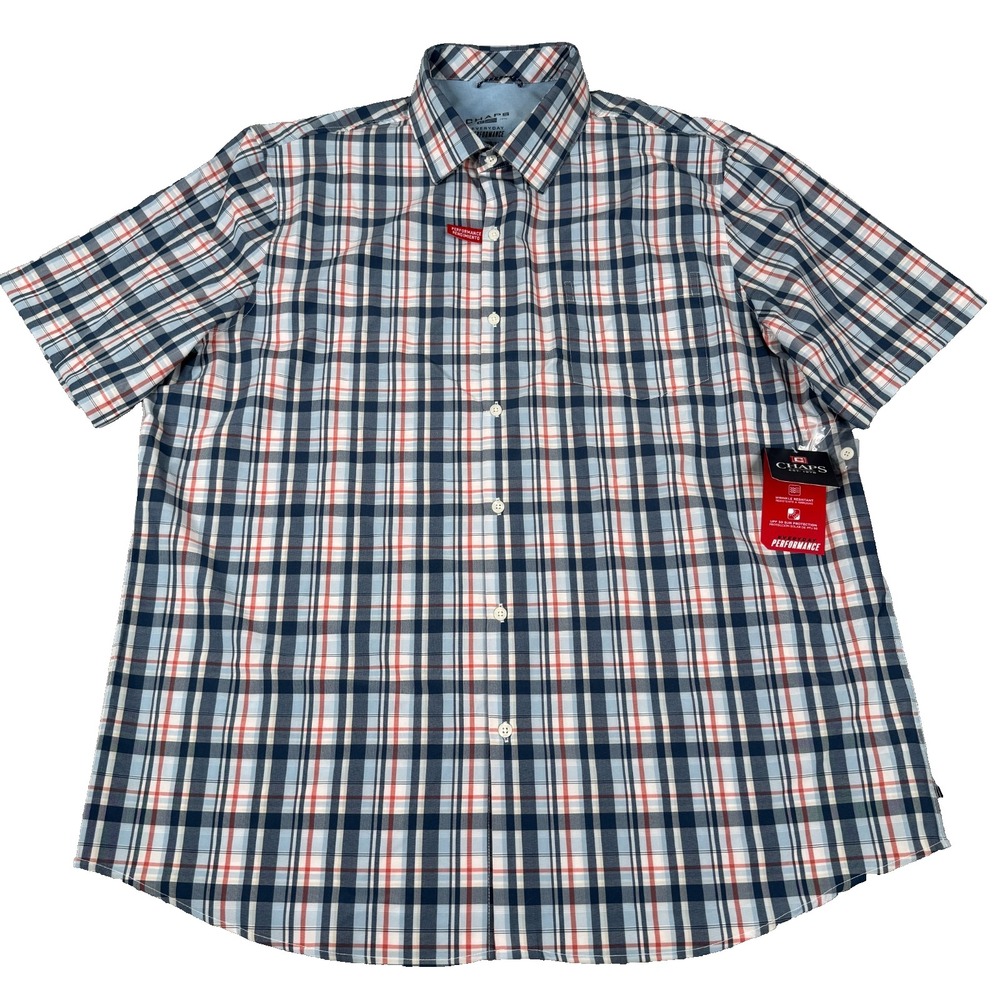 Chaps Everyday Performance Shirt Mens 2XL Blue Plaid Short Sleeve Button Up NWT
